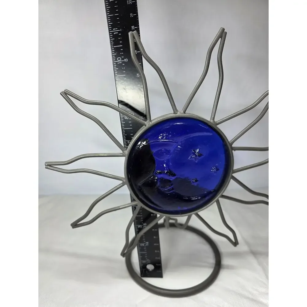 Vintage Blue Cobalt Glass Wrought Iron Candle Holder Celestial Moon Star Sun Sky
